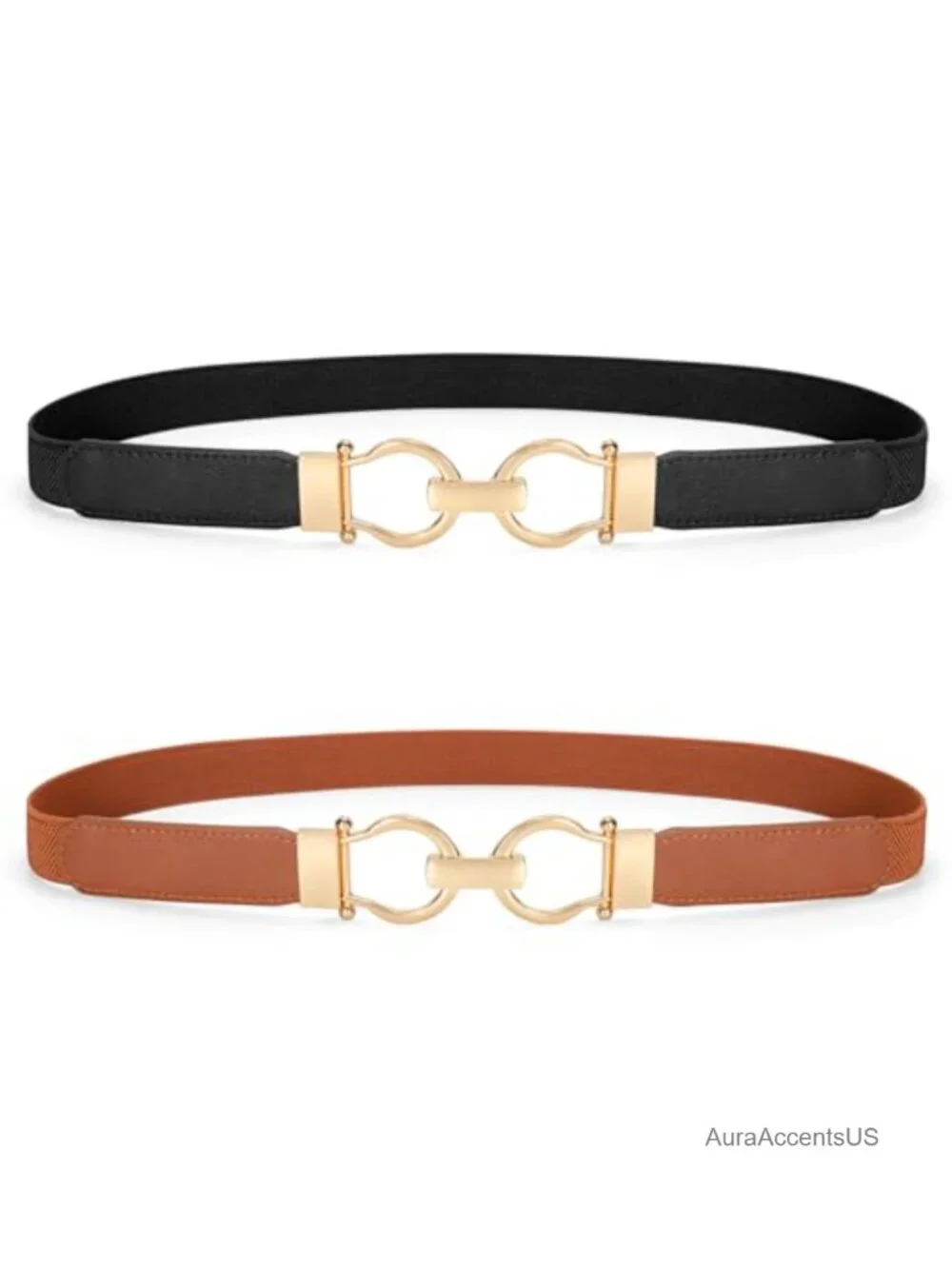 2 Pack Skinny Elastic Belts for Dresses with Gold Buckle